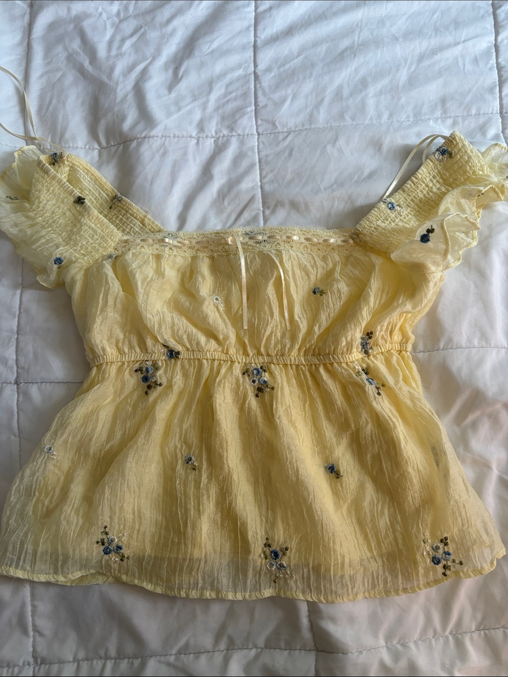 Yellow Floral Embroidered Off-Shoulder Crop Top
